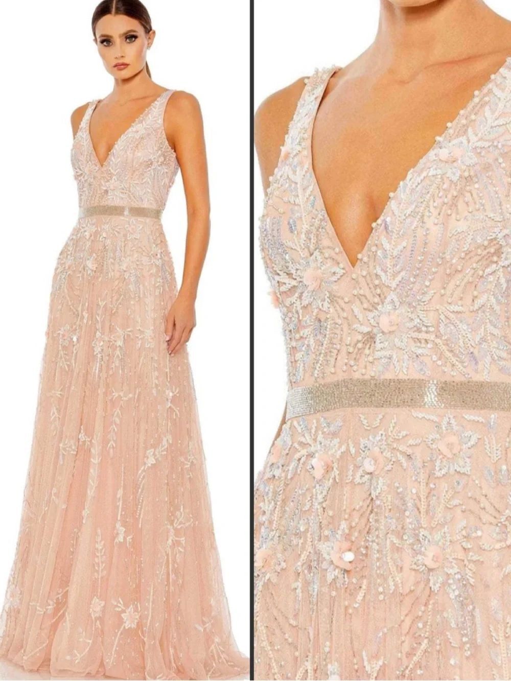 NWT Mac Duggal 5215 Pink Beaded V Neck Plunge Neck Gown Size 16